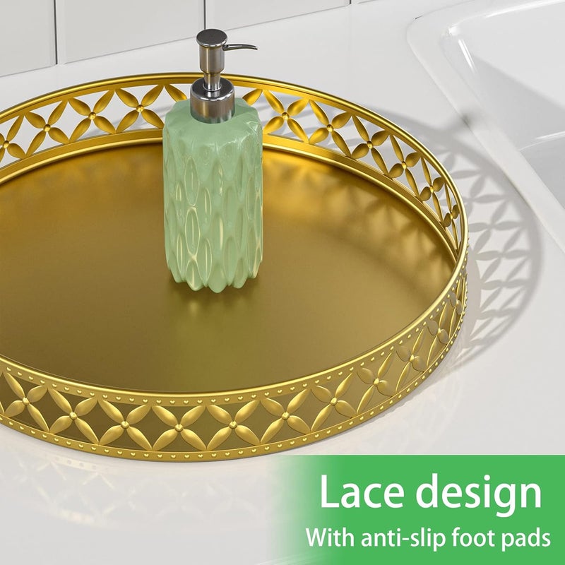 EKNITEY Bathroom Counter Vanity Tray - Perfume Makeup for Dresser Tops Gold Round Serving Candle Decorative Storage Home Decor 11'' Floral-gold - Image 5